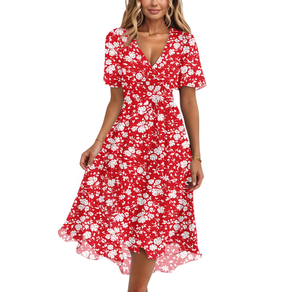 Dámské módní ležérní šaty s výstřihem do V, krátkým rukávem, volánky a vintage potiskem