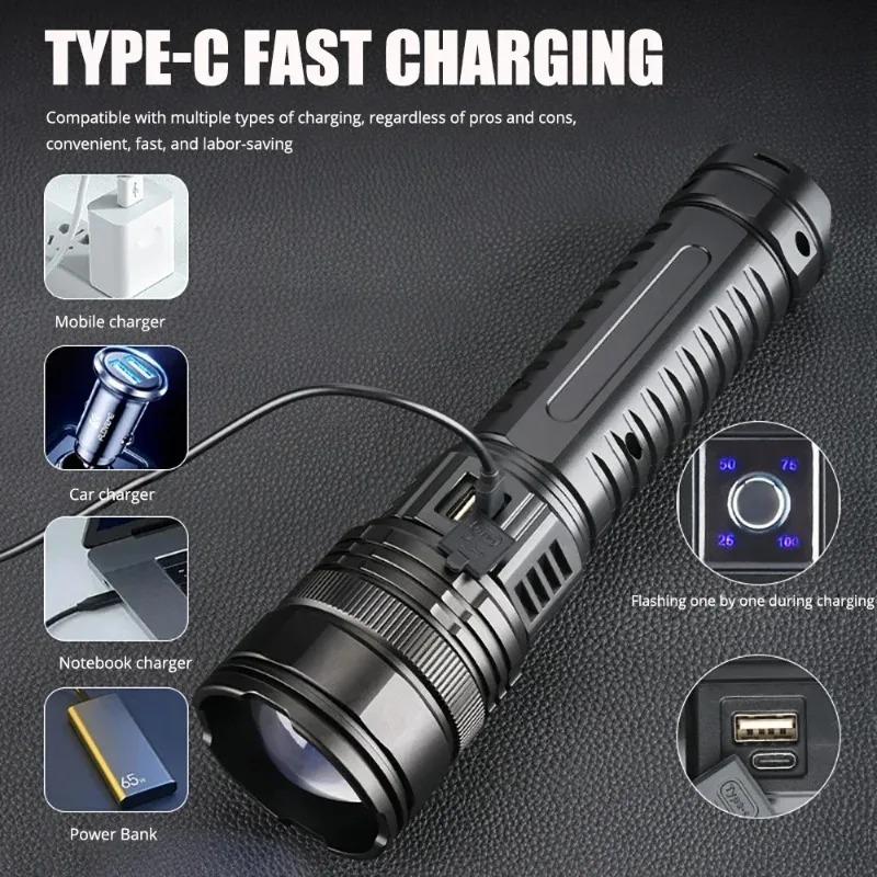 COB Flashlight Built-in Battery Flash Light Emergency Spotlights 4km 2000LM Most Powerful LED Flashlights Type-C Charging