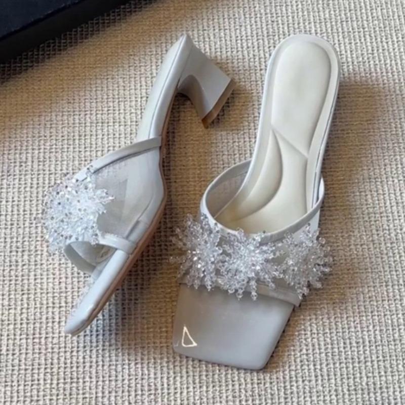 Fashion Square Toe Mesh Beautiful Slippers for Women Summer Outside Wear with Skirt New Rhinestone Flower Block Heel High Heels