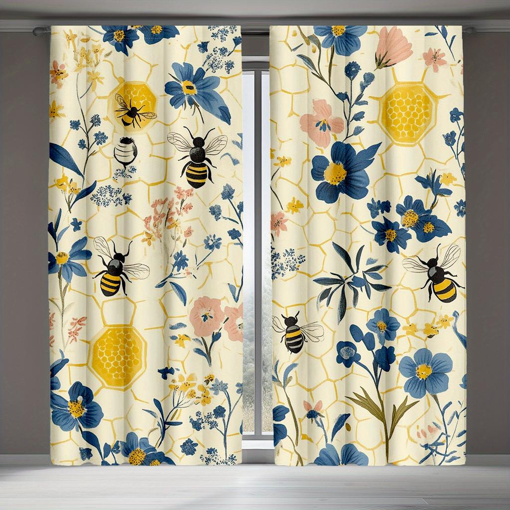 2pc Honeycomb bees and daisy print curtains, polyester fabric, machine washable, suitable for bedroom and living room decoration