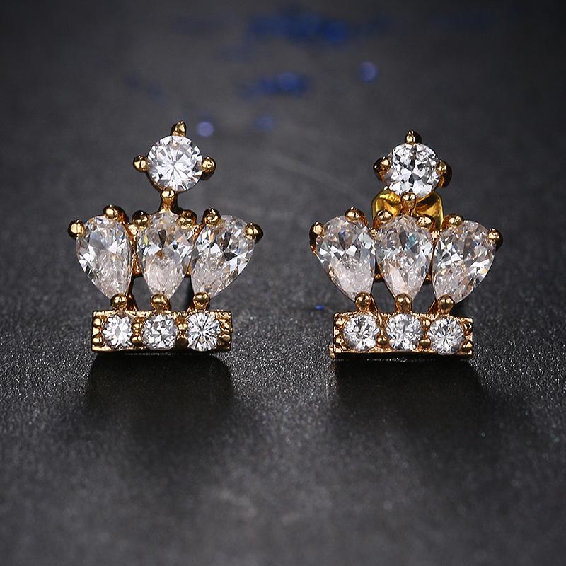 Elegant Cubic Zirconia Crown Stud Earrings - Gold-Plated Copper, Luxurious Shine for Women