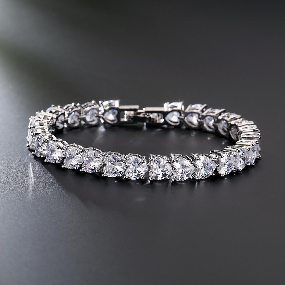 ZAKOL Fashion Geometry Cubic Zirconia Heart Chain Bracelets for Women Luxury Silver Color Bridal Wedding Dress Jewelry