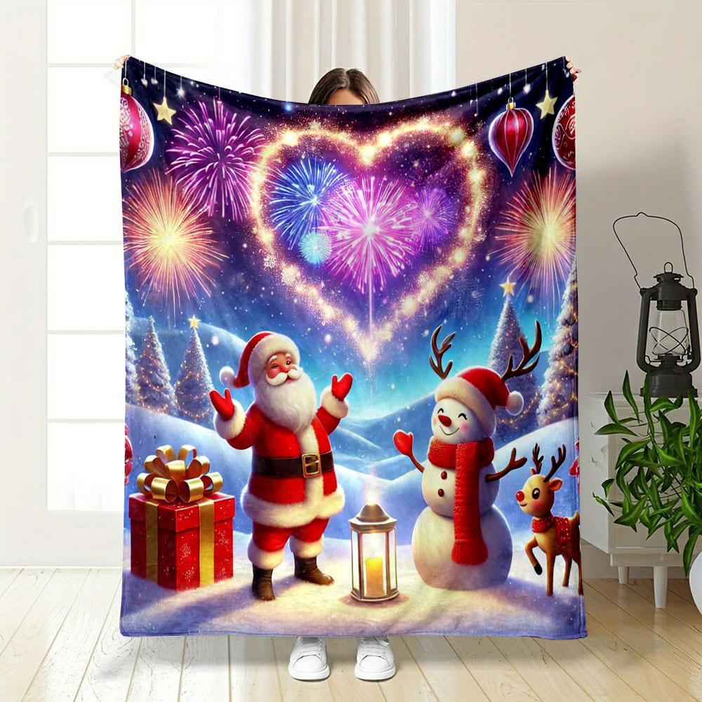 Santa and Snowman with Festive Fireworks Print Blanket Soft and Cozy Perfect for the Living Room Bed Sofa or a Nap,gift