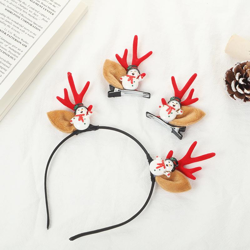Cartoon Snowman & Reindeer Antler Christmas Hair Band and Duckbill Clip Set