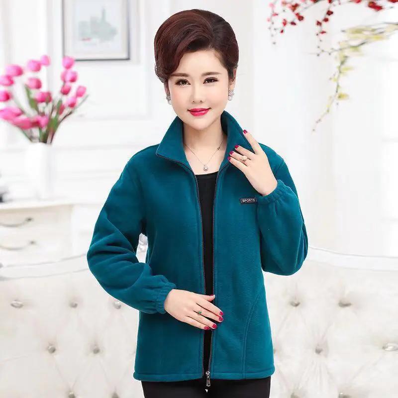 WTEMPO Spring Autumn Polar Fleece Tops Loose Mom's Clothing Fleece Sports Coat Middle Aged and Elderly Women's Clothing