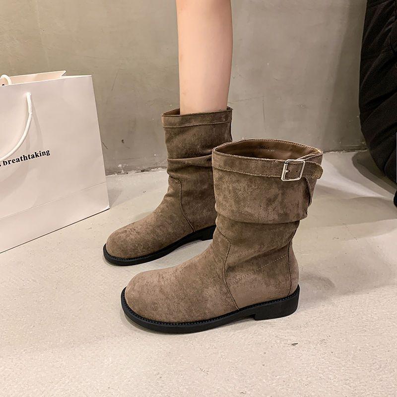 Pleated flat-bottomed stacked boots short boots women's spring and autumn single boots 2025 new autumn and winter Martin boots women's