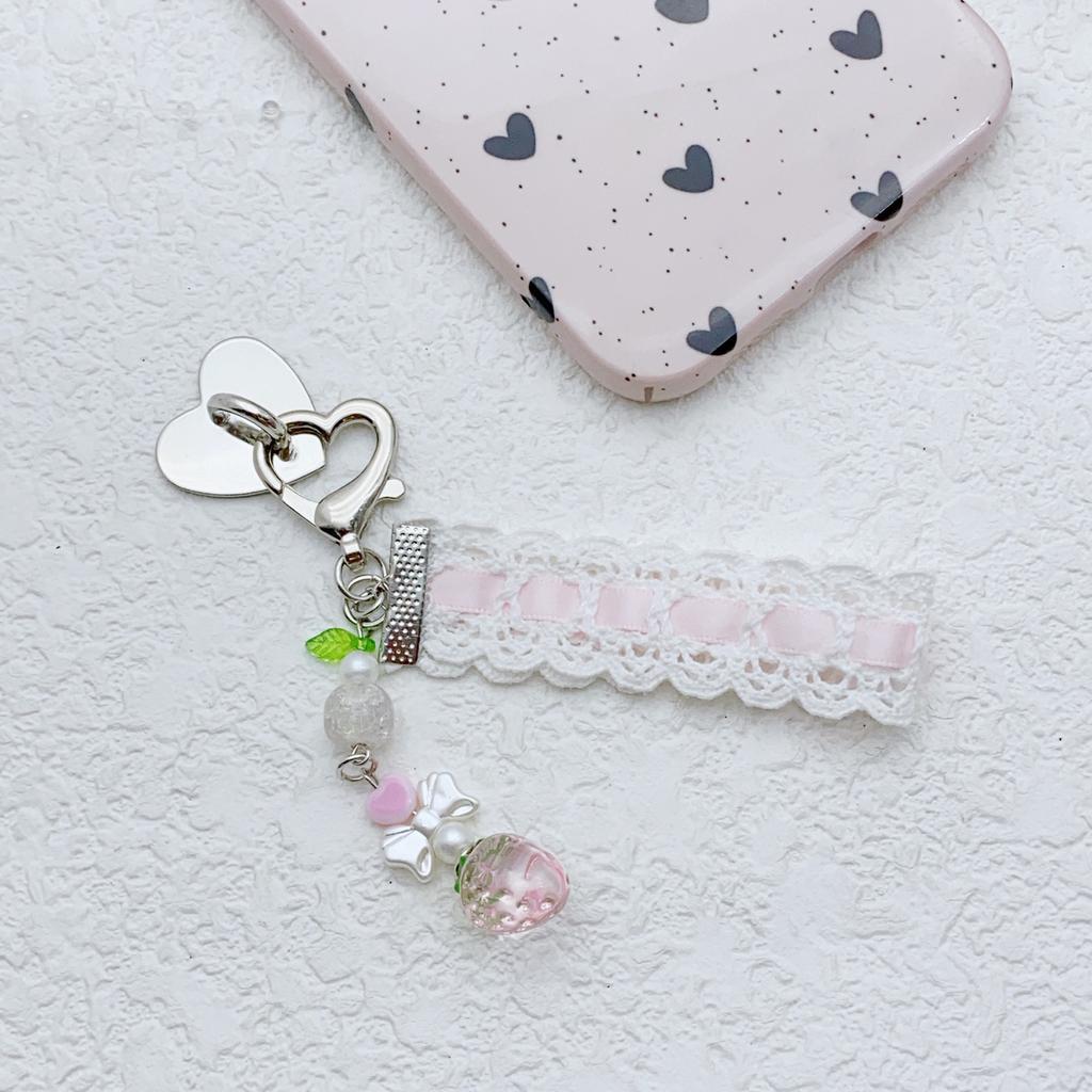 Cute Strawberry and Butterfly Phone Charm Charming Lace and Bead Keychain Phone Strap with Strawberry and Tulip Ornament