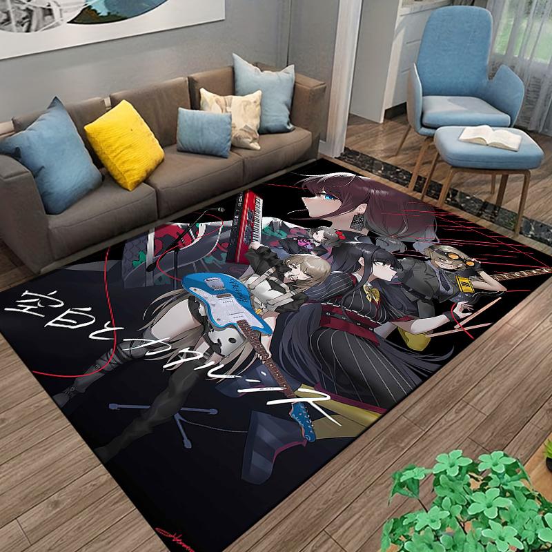 Flannel Rug Anime Female Band Electric Guitar Keyboard Drums Black Music Art Decor for Living Room Bedroom Gift for Women