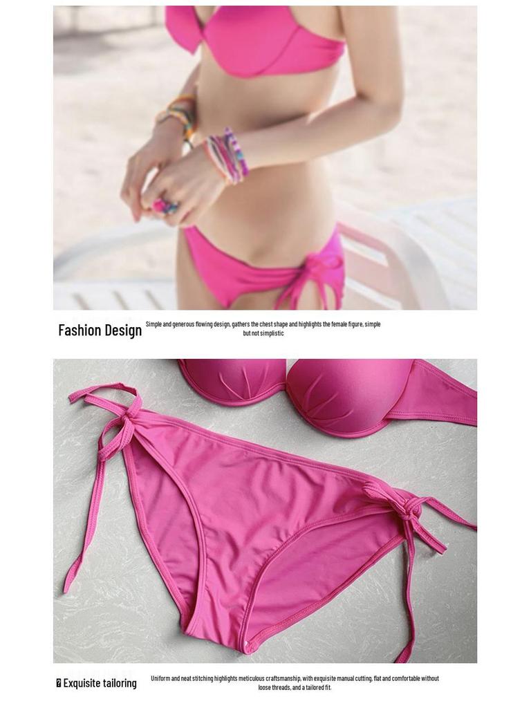 Rose Red Three-Piece Swimsuit Bikini with Underwire for Small Chest