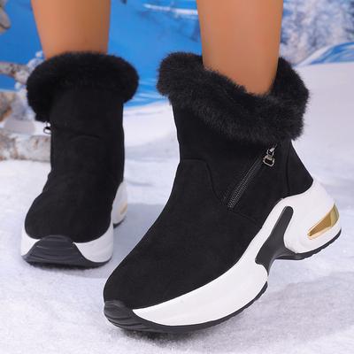 Mode Schwarze Klobige Plateau Pelz Stiefeletten Damen 2025 Retro Reißverschluss Keilabsatz Schneestiefel Frau Herbst Winter Kurze Stiefeletten Mujer 43