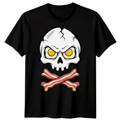 Skull Fried Eggs Bacon Mens T-shirt Breakfast Food Cartoon