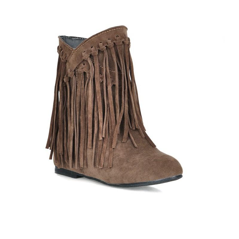 Womens Suede Ankle Boots With Fringe Flat Heel Hidden Platform Style Round Toe Slip-On Winter