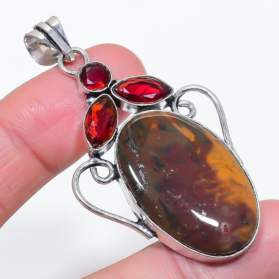 

Natural Bloodstone, Garnet 925 Sterling Silver Jewelry Pendant 2.48 H0Z41