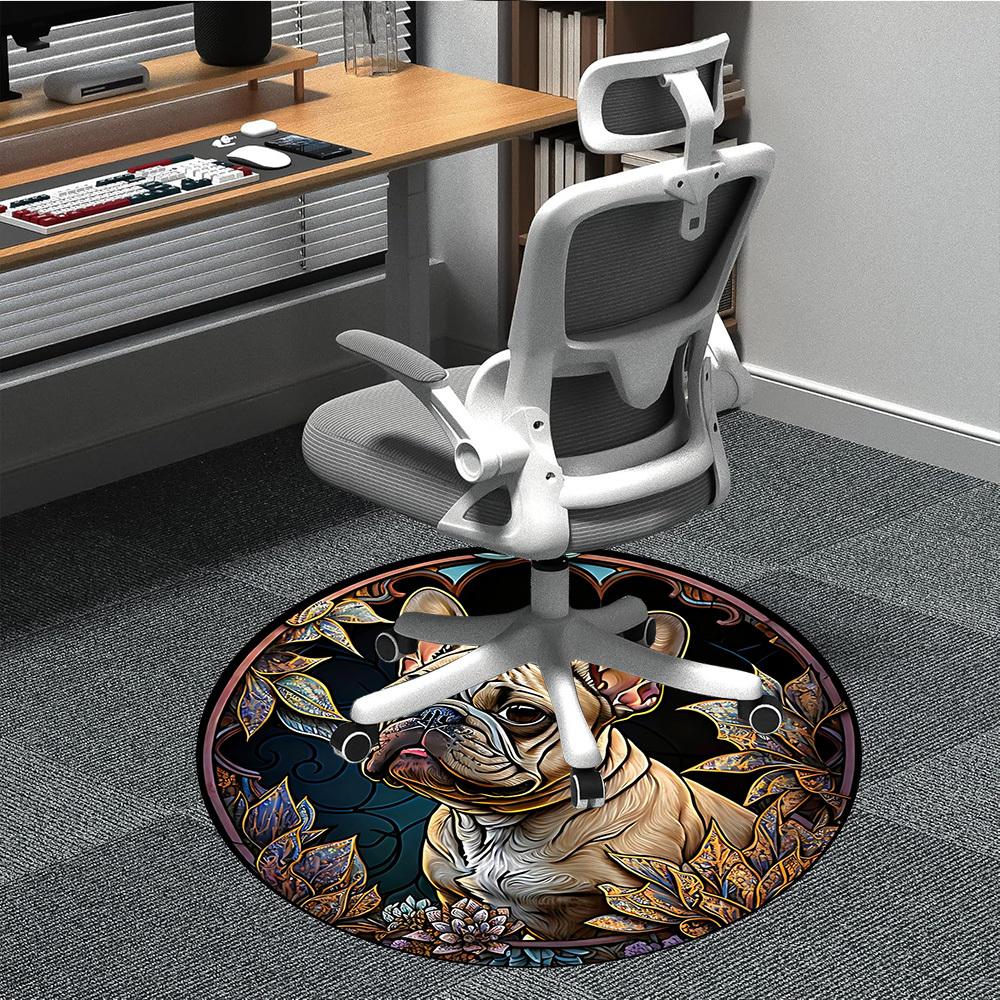 1PC Stained Glass Bulldog Office Round Area Rug, Mat Suitable ForOffice, Under Office Chairs Bedroom Living Room Home Decor, Room Deco