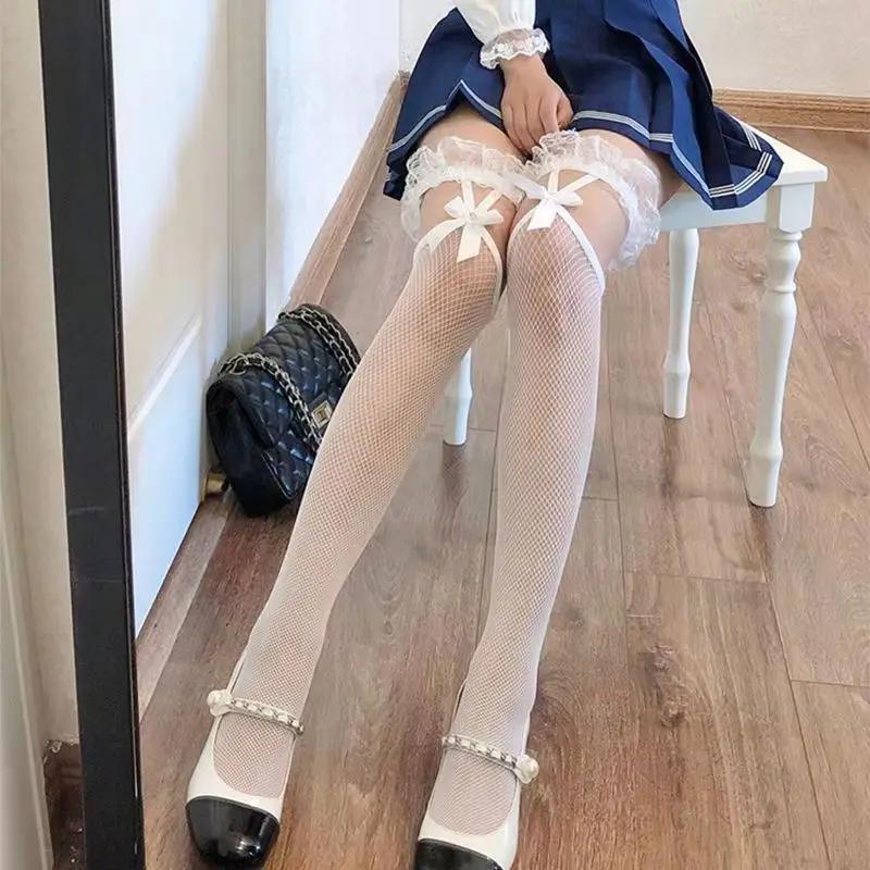 Women Sexy Long Fishnet Thigh High Stockings Elastic Mesh Hollow Out Suspender Over The Knee Socks Thigh Garters with Stockings