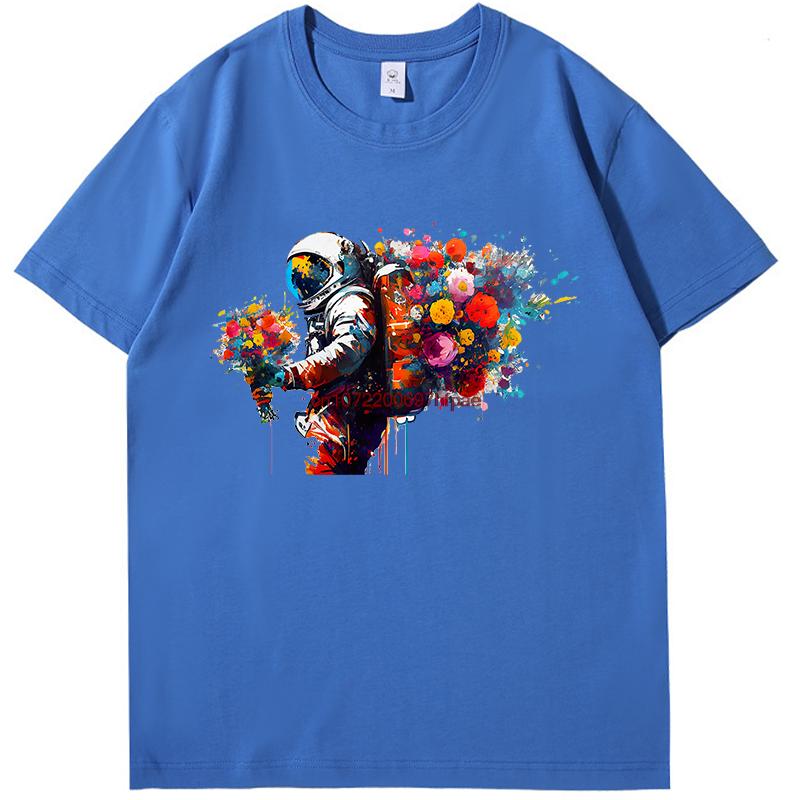 Astronaut Bouquet Flowers Burst Oil Painting Fashion Print T Shirt Summer Cotton Short Sleeve Tshirts Unisex Oneck T Shirt