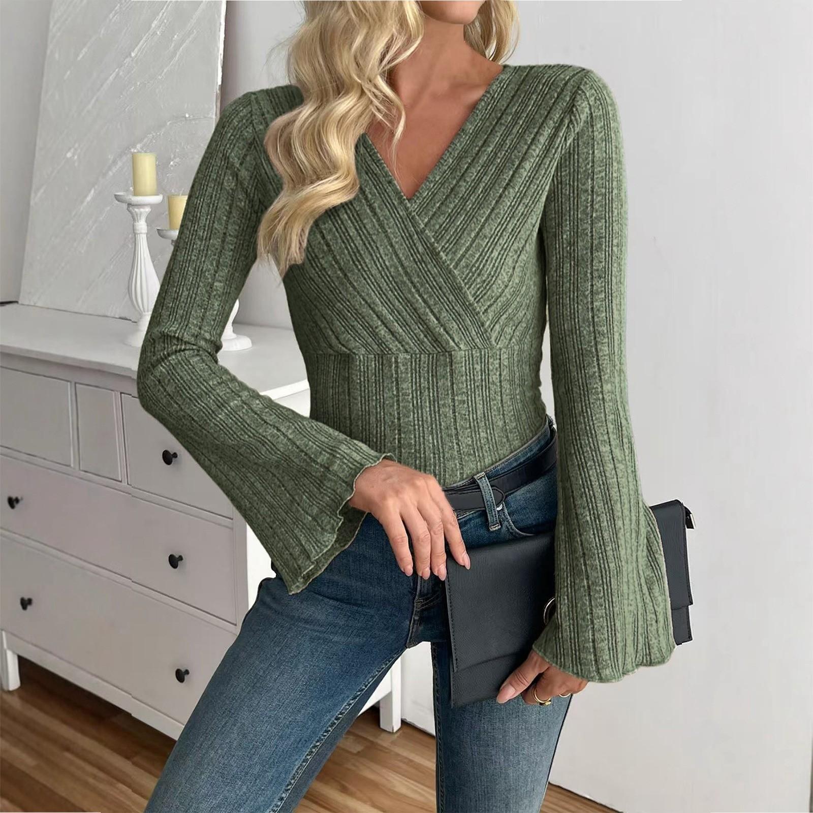 

Полосатая футболка с рукавами-трубами и V-образным вырезом, повседневный женский топ L