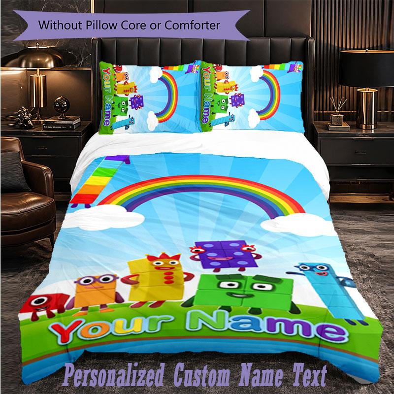 Personalized 3Pcs Bedding SetNumberblock Custom Text Duvet Cover Pillowcase Set Bedroom Gift