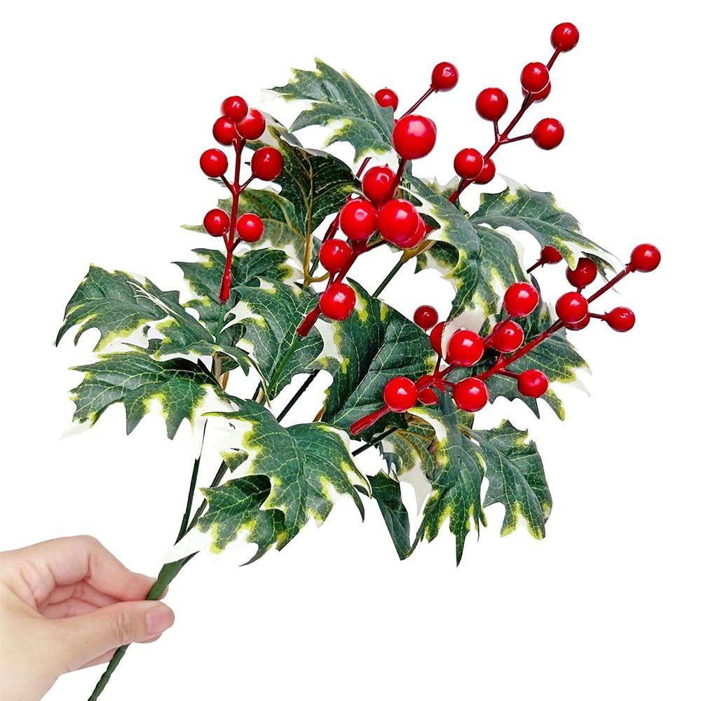 7Branches Artificial Christmas Berry Green Holly Leaves Foam Artificial Plant Red Berries Photo Props Christmas Decorations
