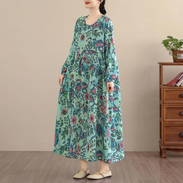 New Spring Summer Women Plus Size Vintage Floral Print Long Dress Loose Oversize Maxi Long Sleeve