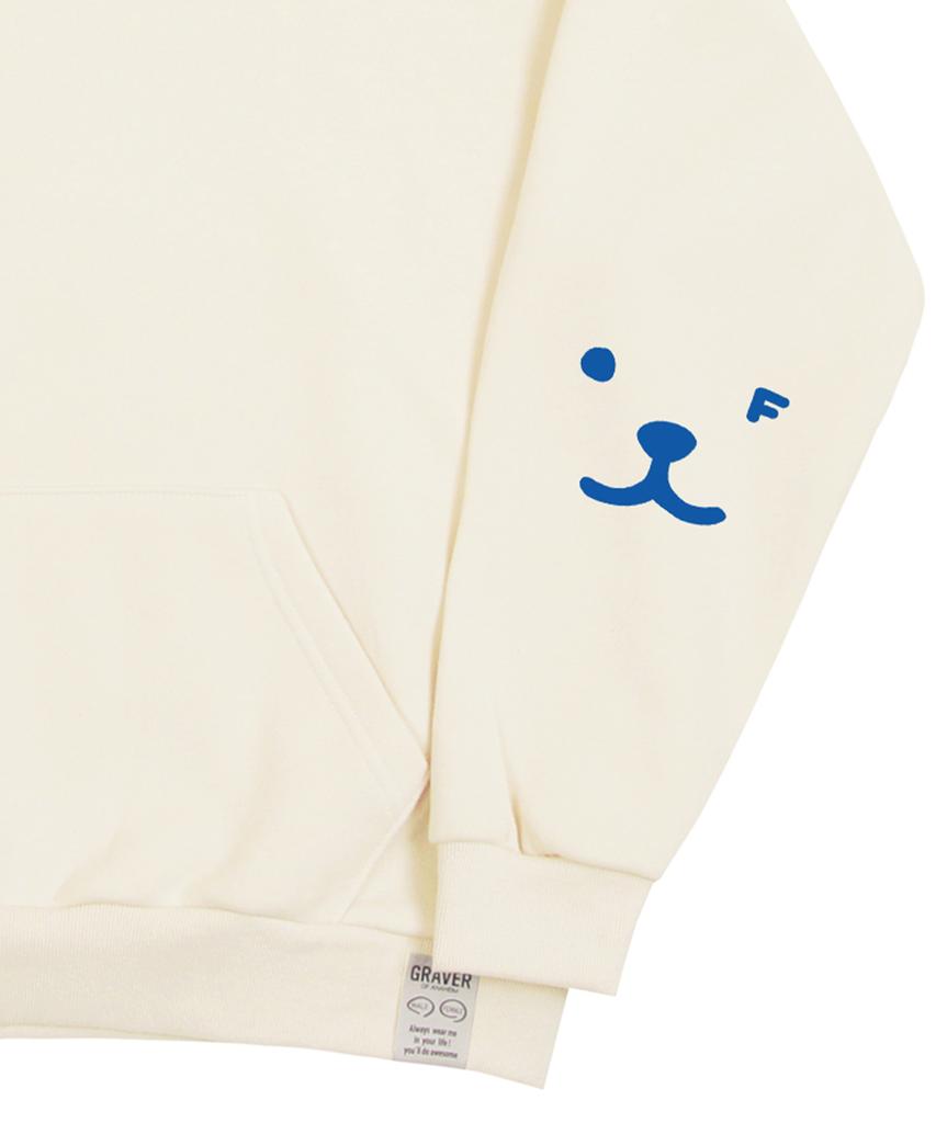 [Unisex] Elbow Puppy Face Smile Hoodie_Cream/Blue Logo
