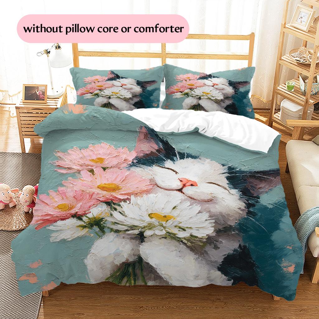 Cat Holding Flowers Pattern Bedding Quilt Set Home Decoration Gift (1 * Duvet Cover + 2 * Pillowcase, Without Core)