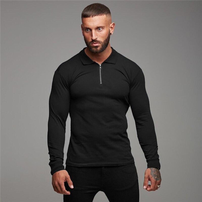 Muscleguys Men's Spring and Autumn Lapel Polo Shirt Printed Cotton Long Sleeve Pullover T-shirt Business Casual