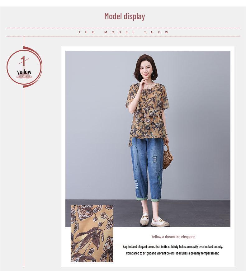Women's Summer 2025 Casual Suit: Short Sleeve Fashionable Two-Piece Jeans Set for Middle-Aged Moms