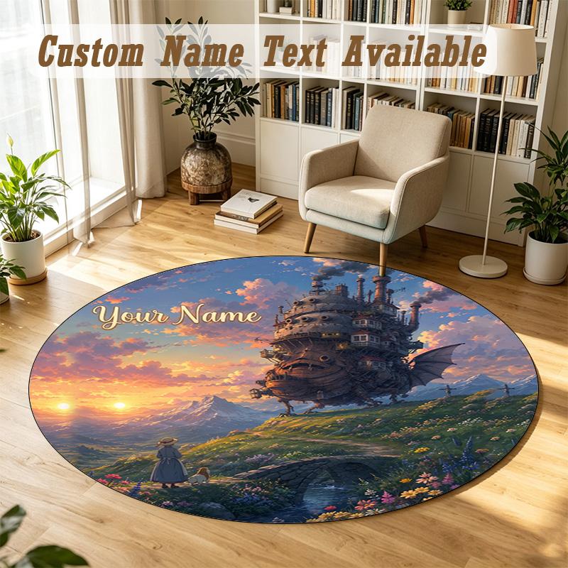 Howl's Moving Castle Personalized Round Rug Support Custom Name, Soft Home Decor Mat