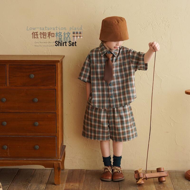 

Boys Retro Green Plaid Shirt & Shorts Set 100