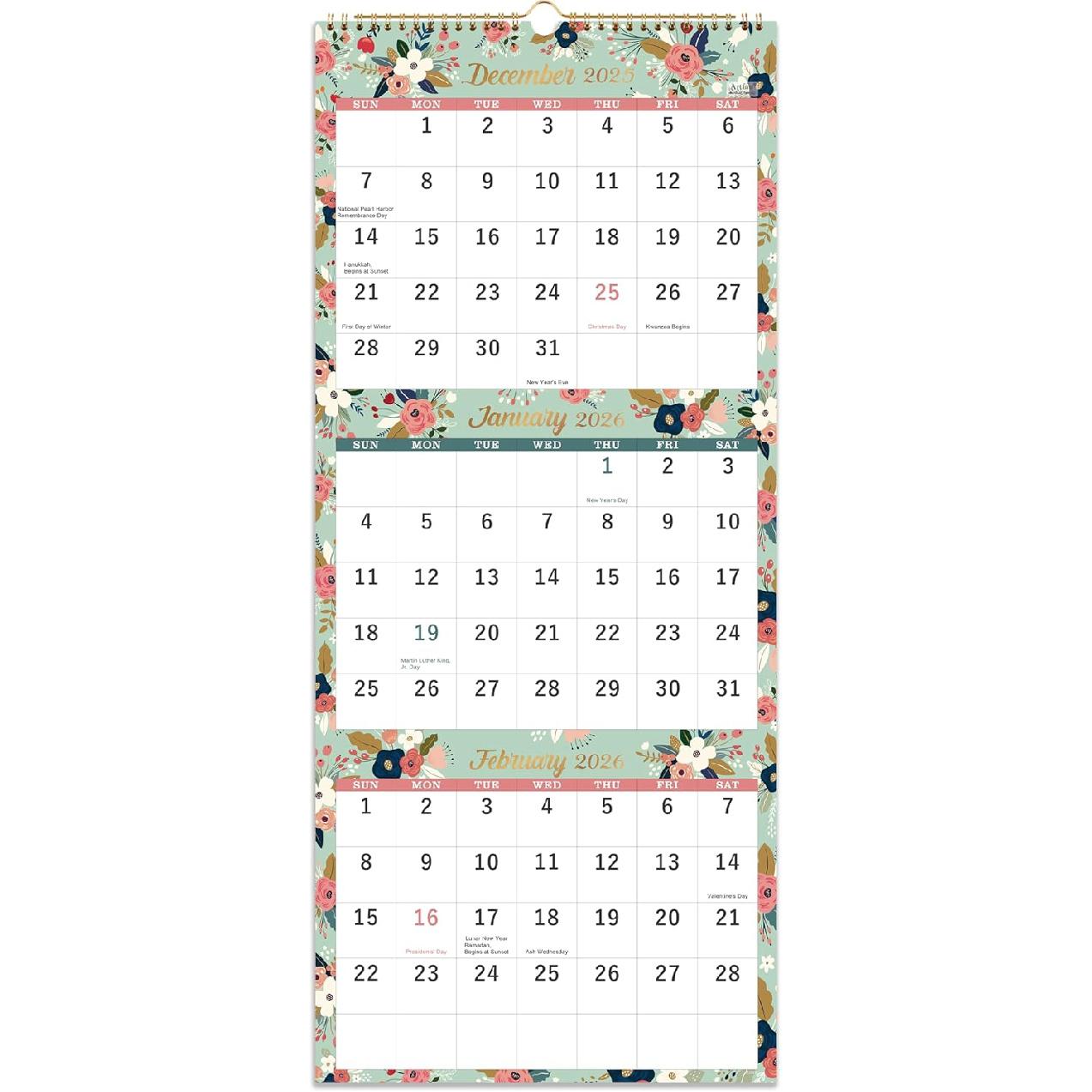 2026 Calendar - 2026 Wall Calendar, 3-Month Wall Calendar Display (Folded in a Month), Jan. 2026 - Dec. 2026, 11 x 26 , 3 Month Calendar - Floral зелёный