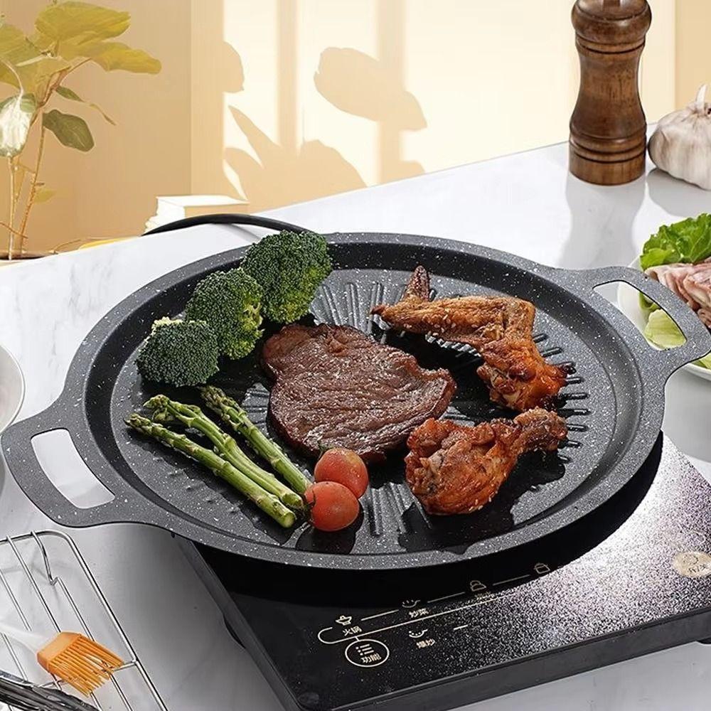 Carbon Steel Frying Plate Thick BBQ Grill Pan Round Roasting Grill Tray  Household Use
