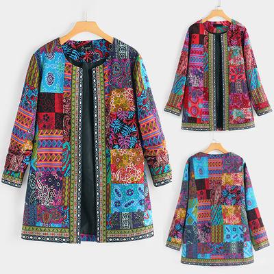 Women Vintage Ethnic Style Floral Print Long Sleeve Plus Size Cotton Jacket Coat