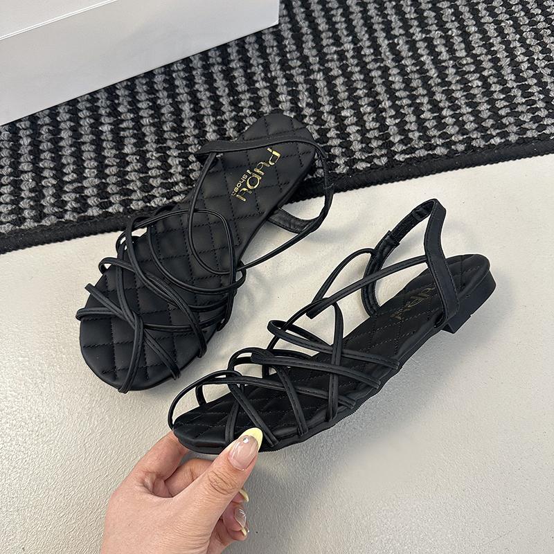 Fashion Woven Thin Strap Gold Flat Roman Sandals Women's Summer 2025 New