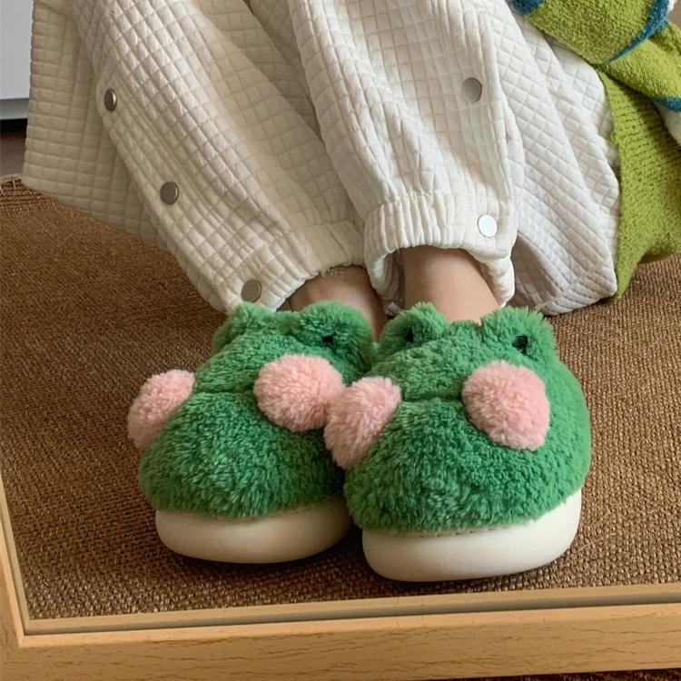 Fashion Lovely Frog Fluffy Slippers for Women 2025 Winter Anti Slip Warm Plush Home Slipper Lady Thick Platform Household Cotton Shoes