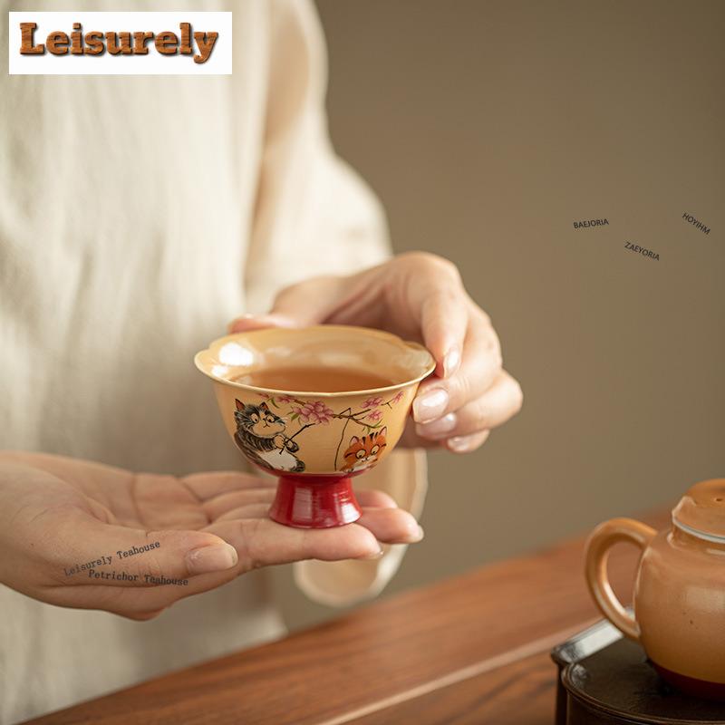 HOYIHM 111ml Meow Fun Flower Pattern Teacup Zen Tea Bowl Water Jug Tea-tasting Smelling Cup Chazhan Master Cups Tea Services