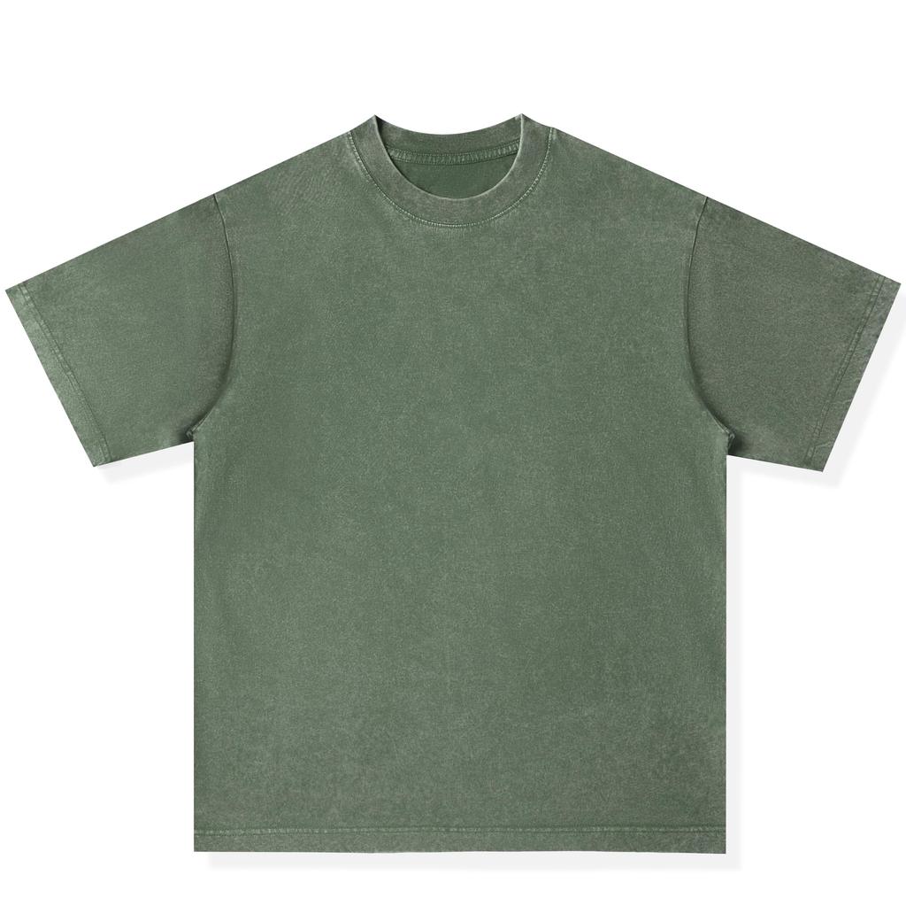 2025SS Fashion 8oz Clothes [CHANGE WELL] Men's Vintage-style Spring/Summer [Washed] Short-sleeved T-shirt Cut-and-sew (GREEN, L)