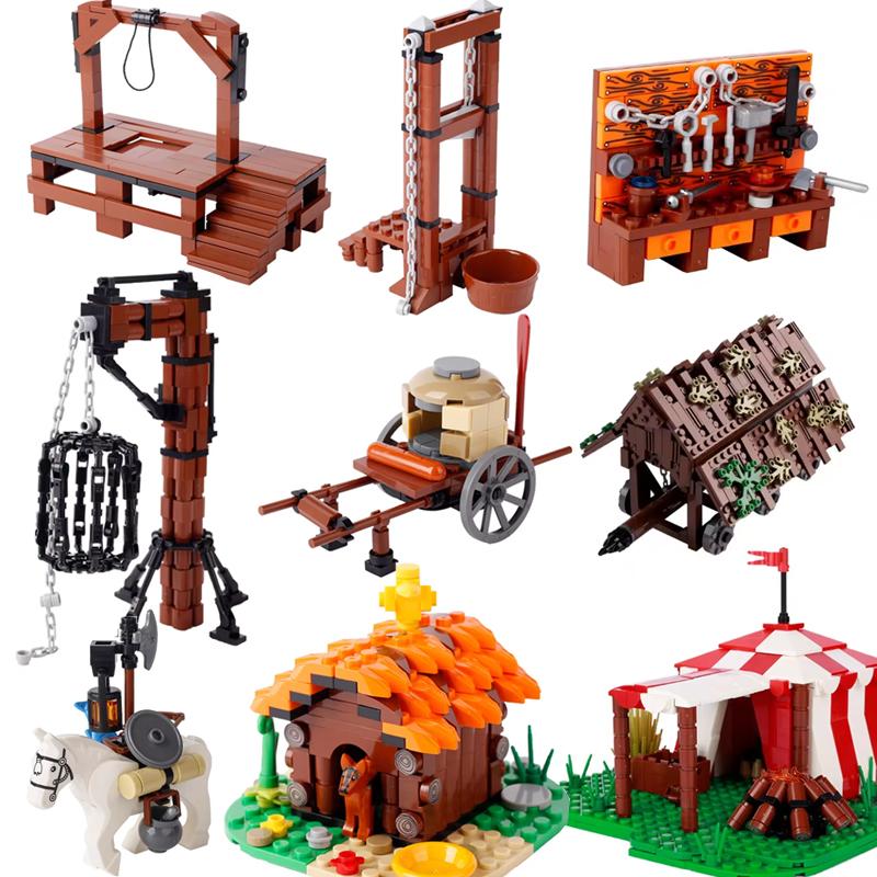 MOC Medieval Scene Building Blocks Military Camp Viking Warrior Soldiers Tent Outpost Pirate Ship Stable Castle Wall Bricks Toy