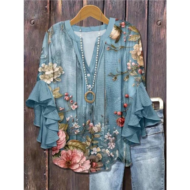 TIFICY Women's Fashion Casual Spring Autumn Flower Pattern Print Long Sleeve V-Neck Blouses & Shirts