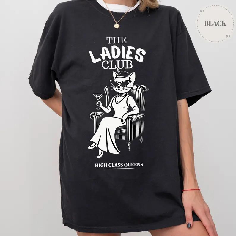 Funny Cat Shirt Women, Vintage Graphic Tee, Ladies Club T-Shirt, Retro Cat Drink S