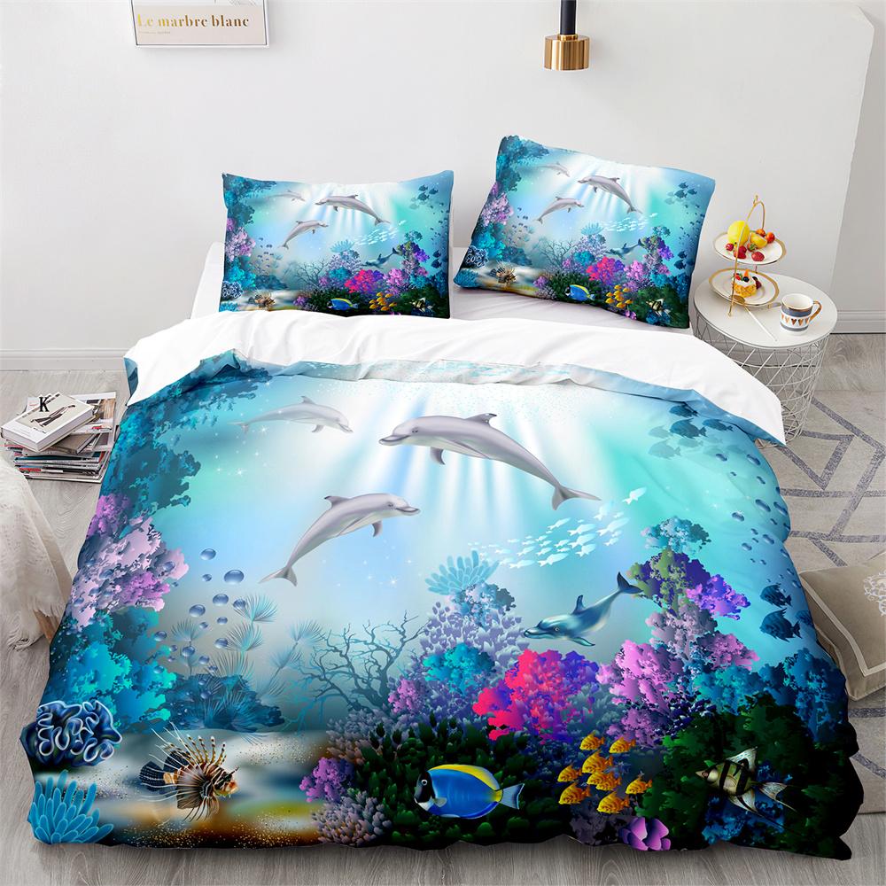 Dolphin Duvet Cover King Queen Size Lovely Sea Life Bedding Set For Kids Boy Girl Cute Ocean Animal 2/3pcs Polyester Quilt Cover