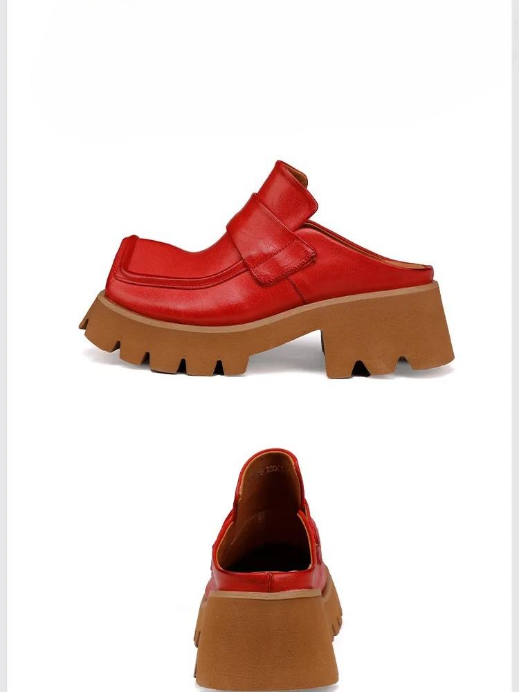 Johnature Retro Genuine Leather Square Toe Thick Soled Outdoor Slippers Thick Heel Women's Slip-on Shoes