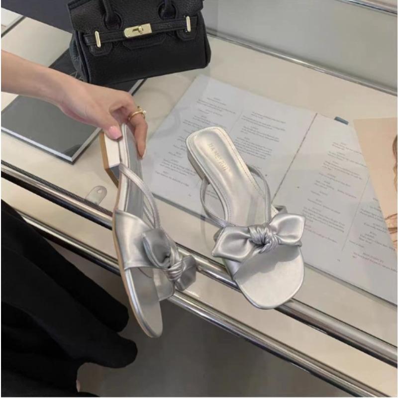 

Summer New Women Beach Vacation Slippers Fashion Open Toe Low Heels Slide Ladies Casual Butterfly-knot Dress Shoes Zapatos Mujer 40 серебряный