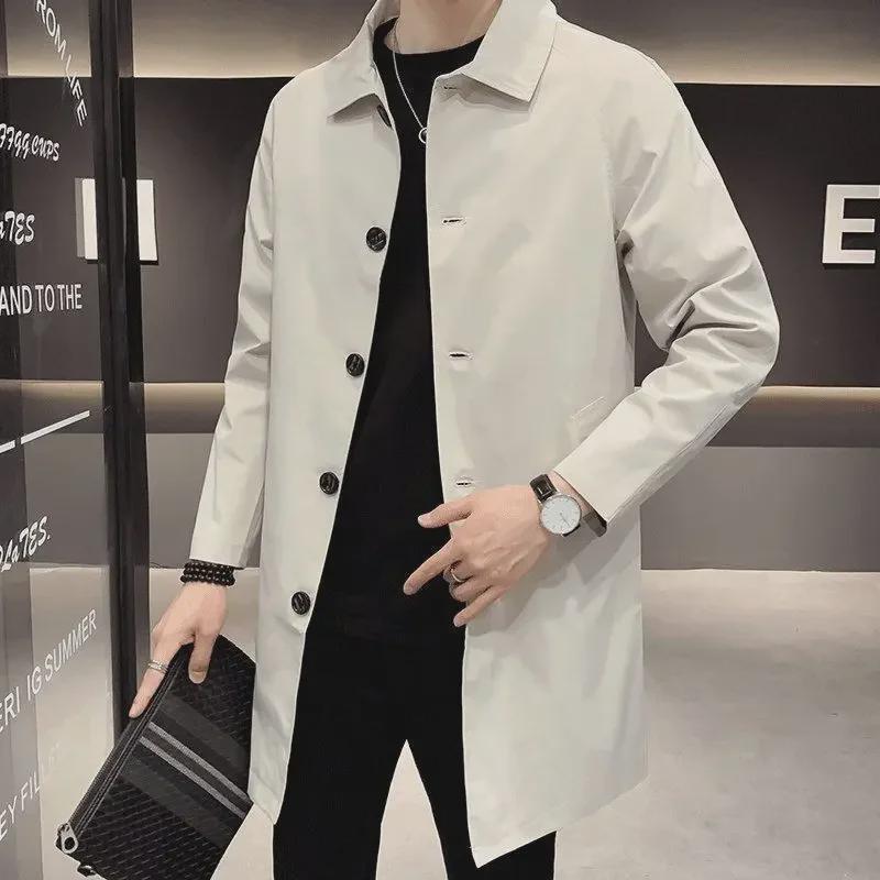 Men's Trendy Lapel Single-Breasted Mid-Length Windbreaker - Large Size, Thin Cape Jacket for Spring and Autumn