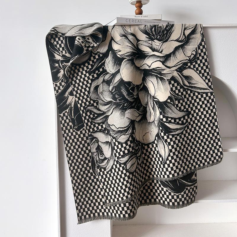 Imitation Cashmere Peony Artistic Sense Retro Style Texture Printing Double-sided Warm Scarf Shawl Woman