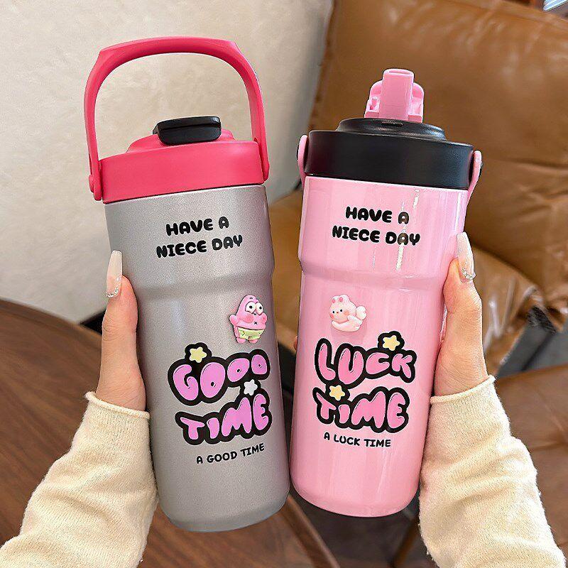 Large Capacity Thermos Cup for Women, New 2024 Model, Stylish Student Straw Cup, Dual-Use Coffee Cup, Portable