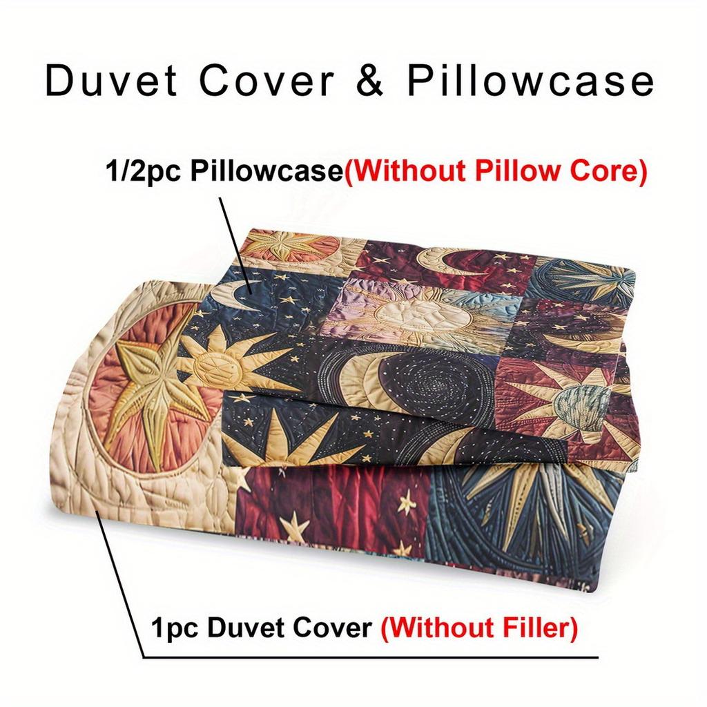 2/3Pcs Sun And Moon Print Duvet Cover Set,King Queen Size Polyester Bedding With Pillowcases,Machine Washable For Bedroom