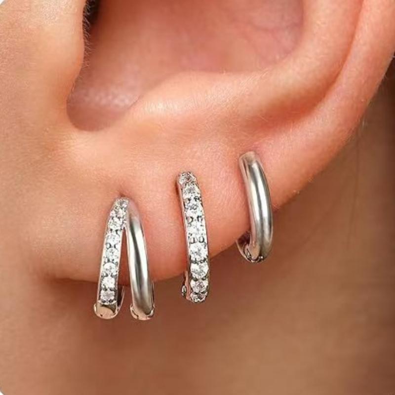 3pcs Fashion 14K Gold Plated Round Earrings for Women Simple Crystal Zircon Double Ring Punk Earring Cartilage Piercing Zircon