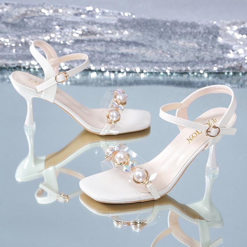 Aphixta 2025 New Summer 7.5cm Bling Thin Heels Women Sandals Luxury Diamonds Pearl Buckle Cool Ankle Strap Open Toe Blue Shoes