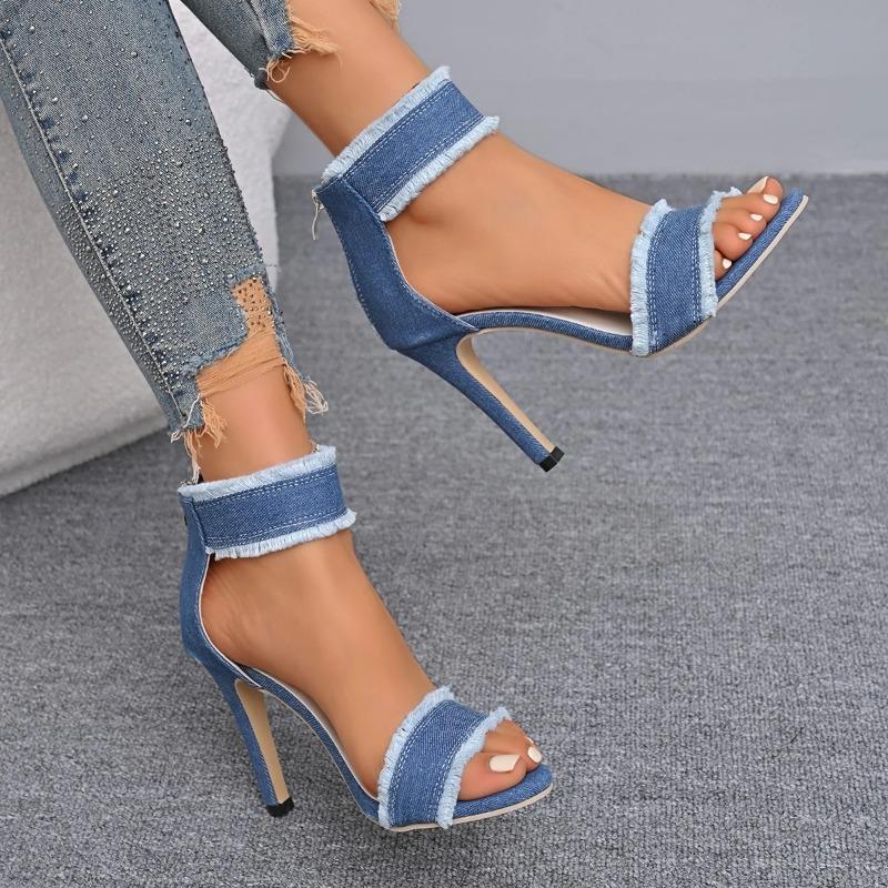 Fashion 2025Spring Summer  Sexy Sandals  Blue Denim Ankle Strap High Heels Shoes Sexy Female Peep Toe Sandals  Shoes for